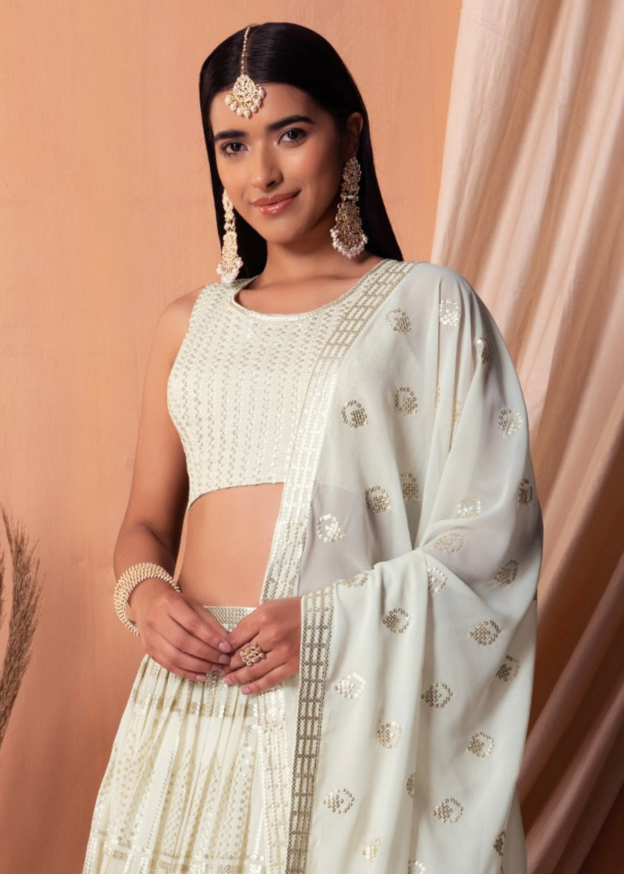 Off White Sequins Work Georgette Bridesmaids Lehenga Choli