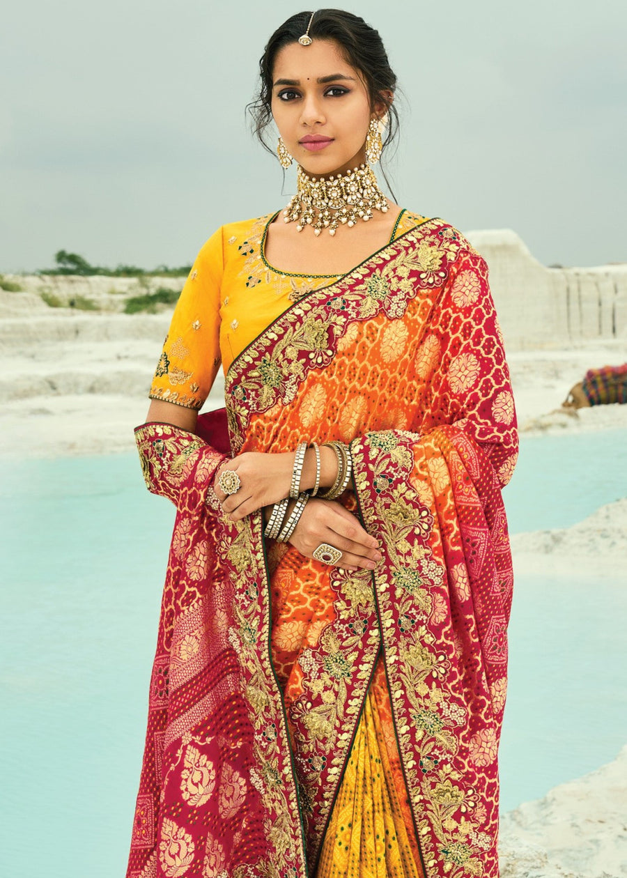 Yellow Orange & Red Multicolor Khaddi Georgette Embroidered Bandhani Saree