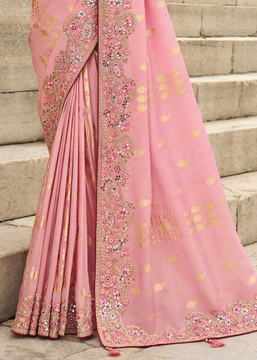 Banarasi Viscose Tissue Silk Pastel Pink Handloom Embroidered Saree With Cut Work Border