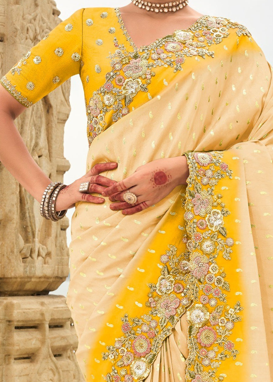 Cream and Yellow Soft Silk Fancy Saree with Embroidery Work