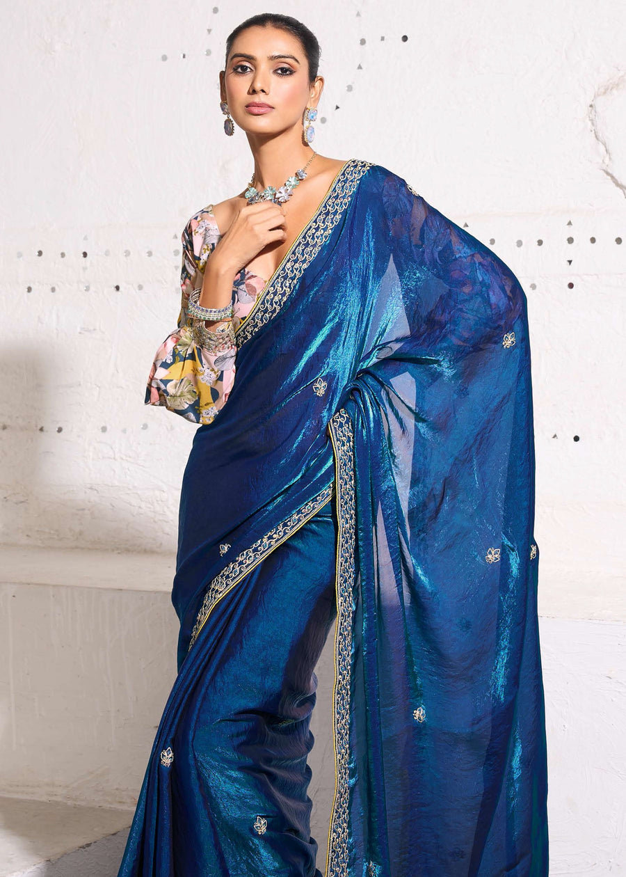 Crushed Tissue Royal Blue Embroidered Saree & Printed Blouse
