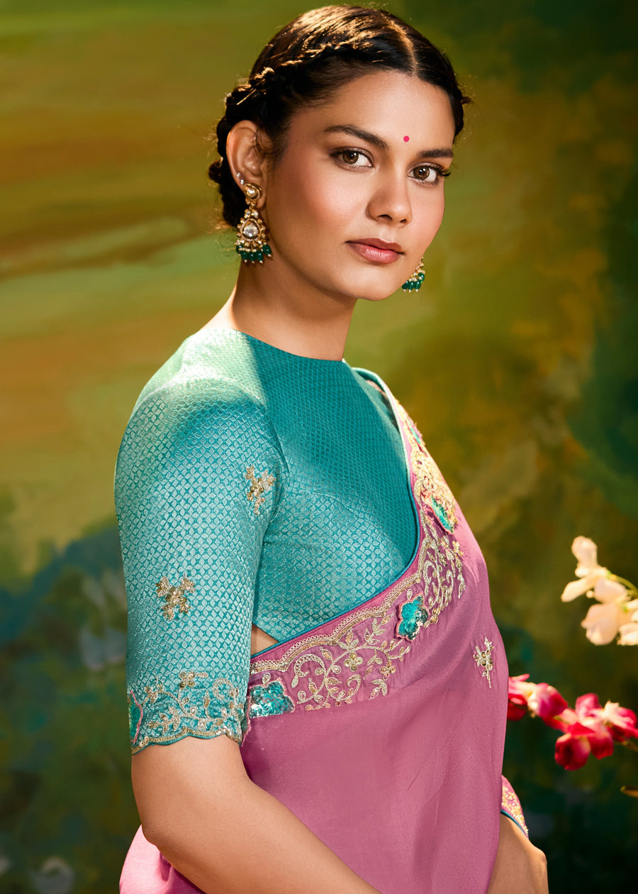Satin Tissue Pink Embroidered Saree & Aqua Blue Banarasi Blouse