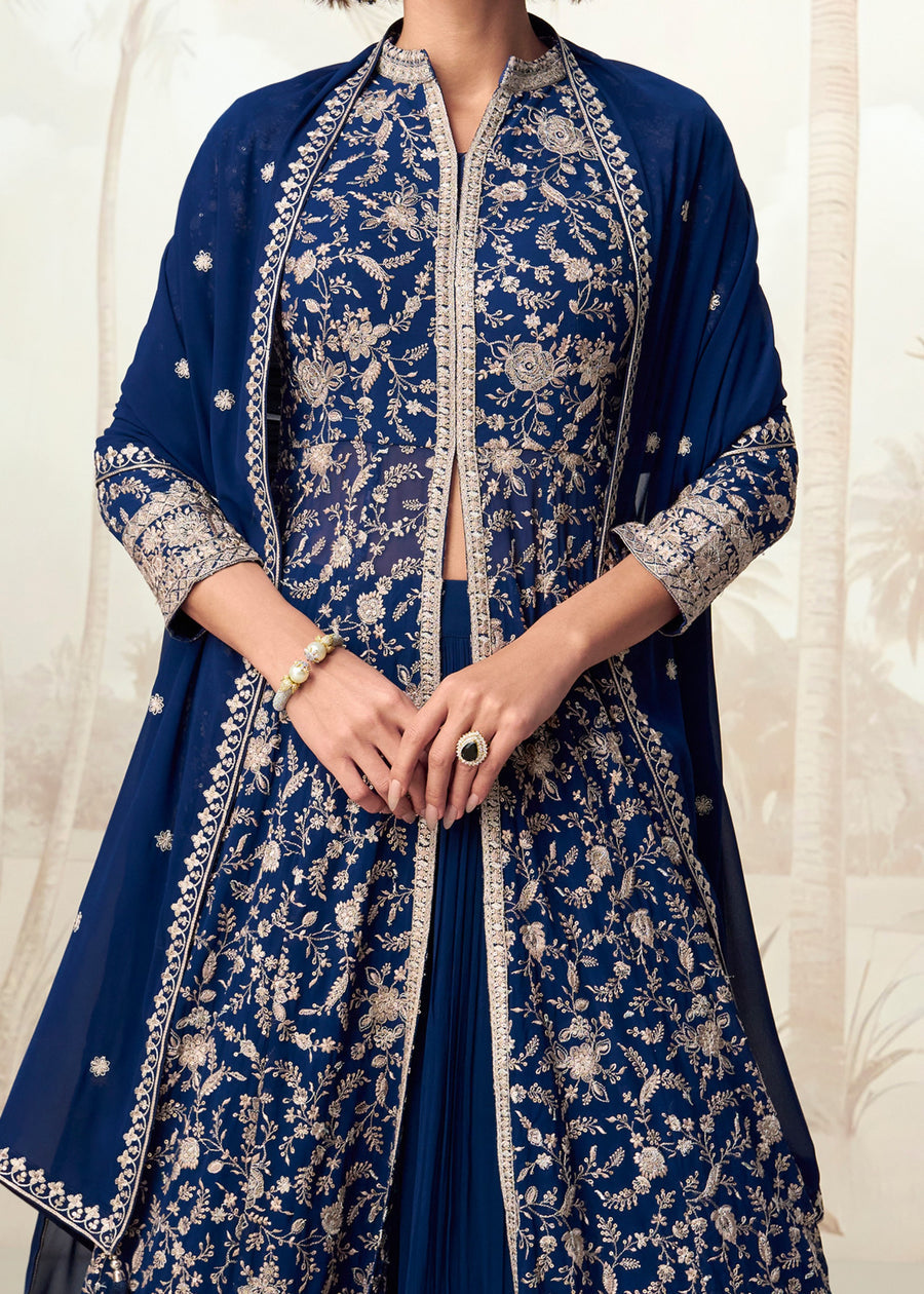 Royal Blue Readymade Jacket Style Anarkali Georgette Suit Set