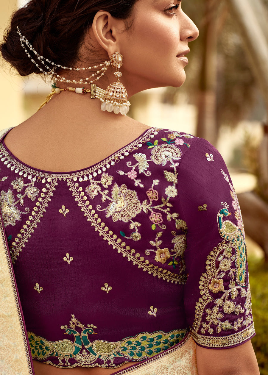 Dola Banarasi Silk Pearl White Saree With Contrast Wine Embroidered Blouse