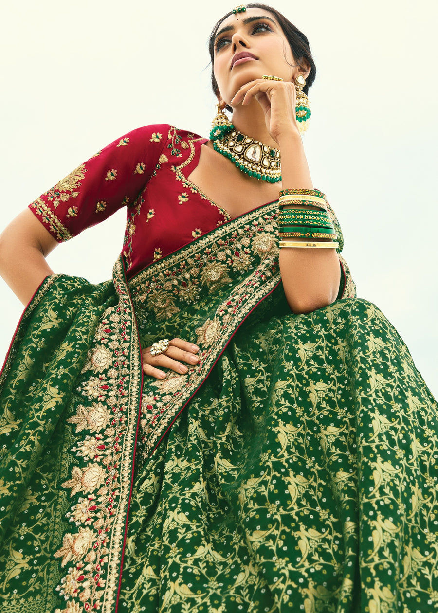 Dark Green Khaddi Georgette Embroidered Bandhani Saree & Red Blouse
