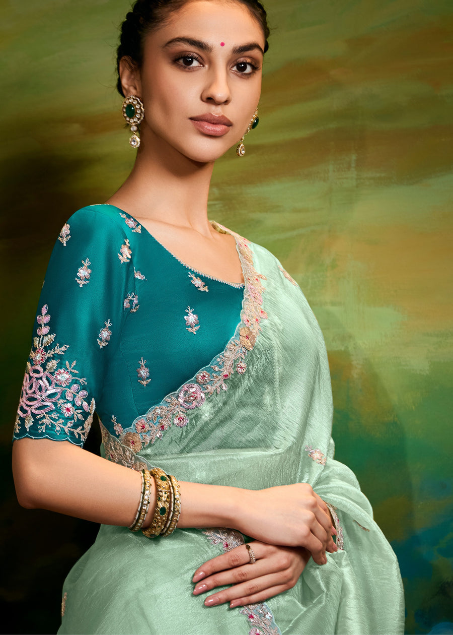 Crushed Satin Tissue Mint Green Embroidered Saree & Contrast Blouse