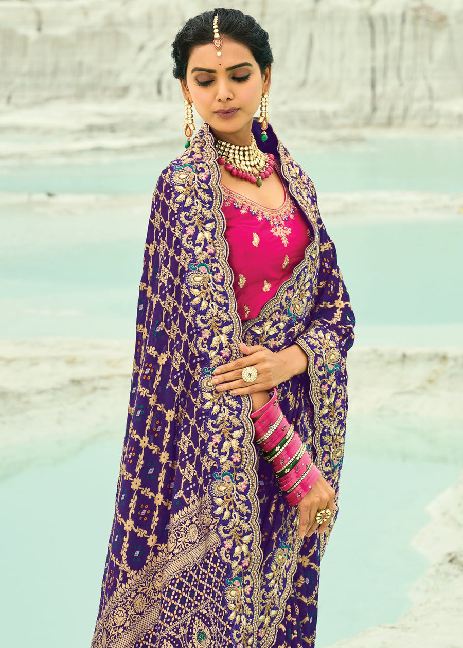 Violet Purple Khaddi Georgette Embroidered Bandhani Saree & Rani Pink Blouse