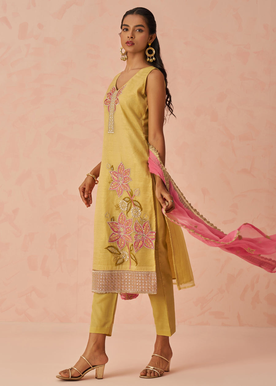 Yellow Readymade Crushed Silk Pant Style Suit Set