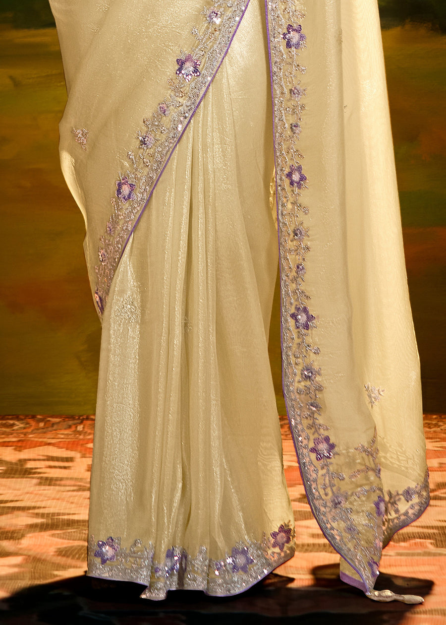 Crushed Satin Tissue Butter Yellow Embroidered Saree & Purple Blouse