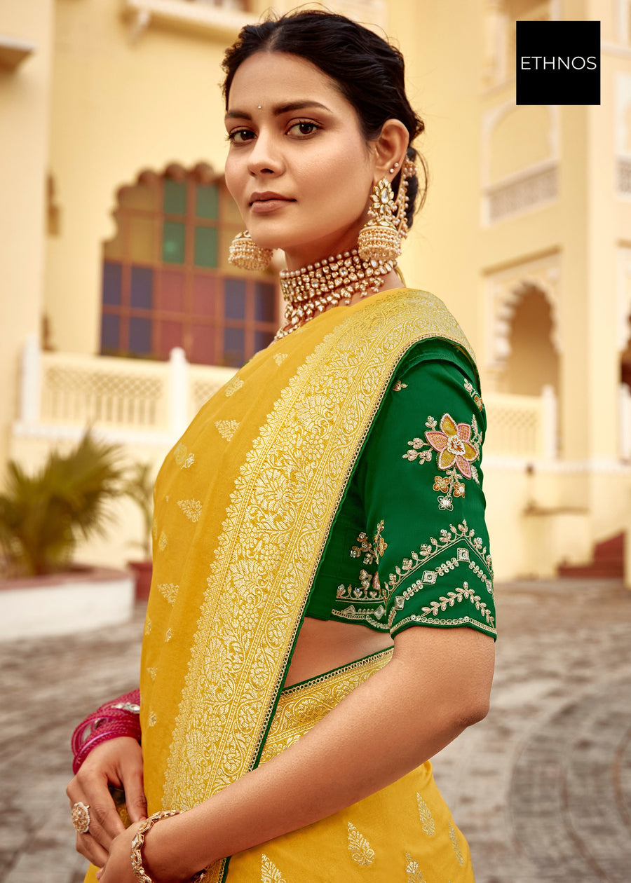 Dola Banarasi Silk Yellow Saree With Contrast Green Embroidered Blouse