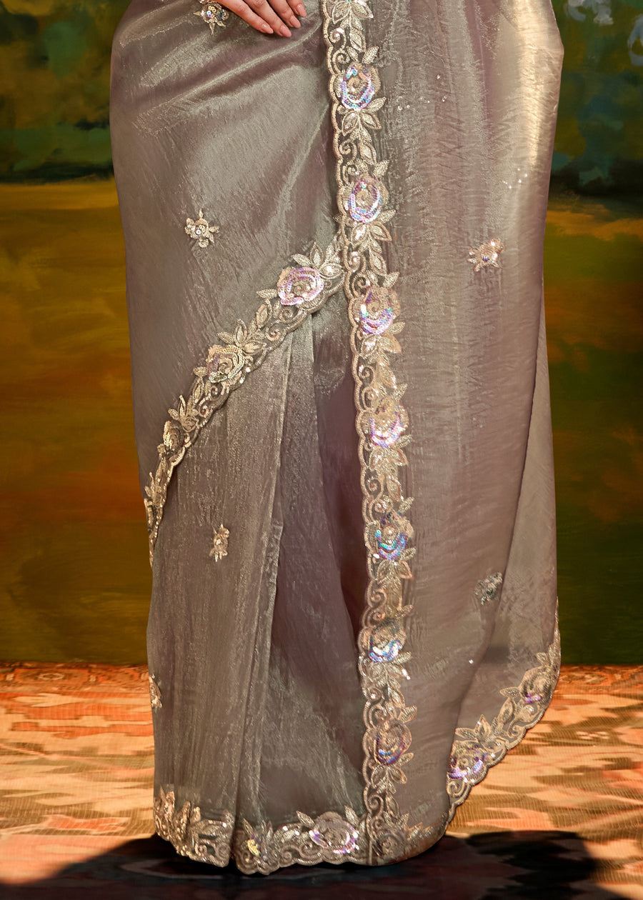 Crushed Satin Tissue Grey Embroidered Saree & Purple Blouse