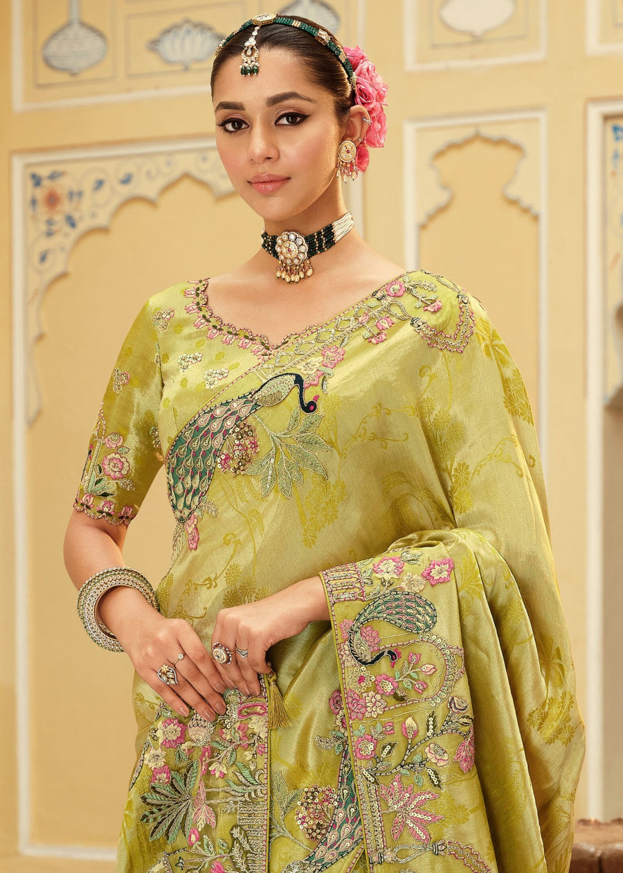 Lime Green Soft Banarasi Silk Embroidered Saree