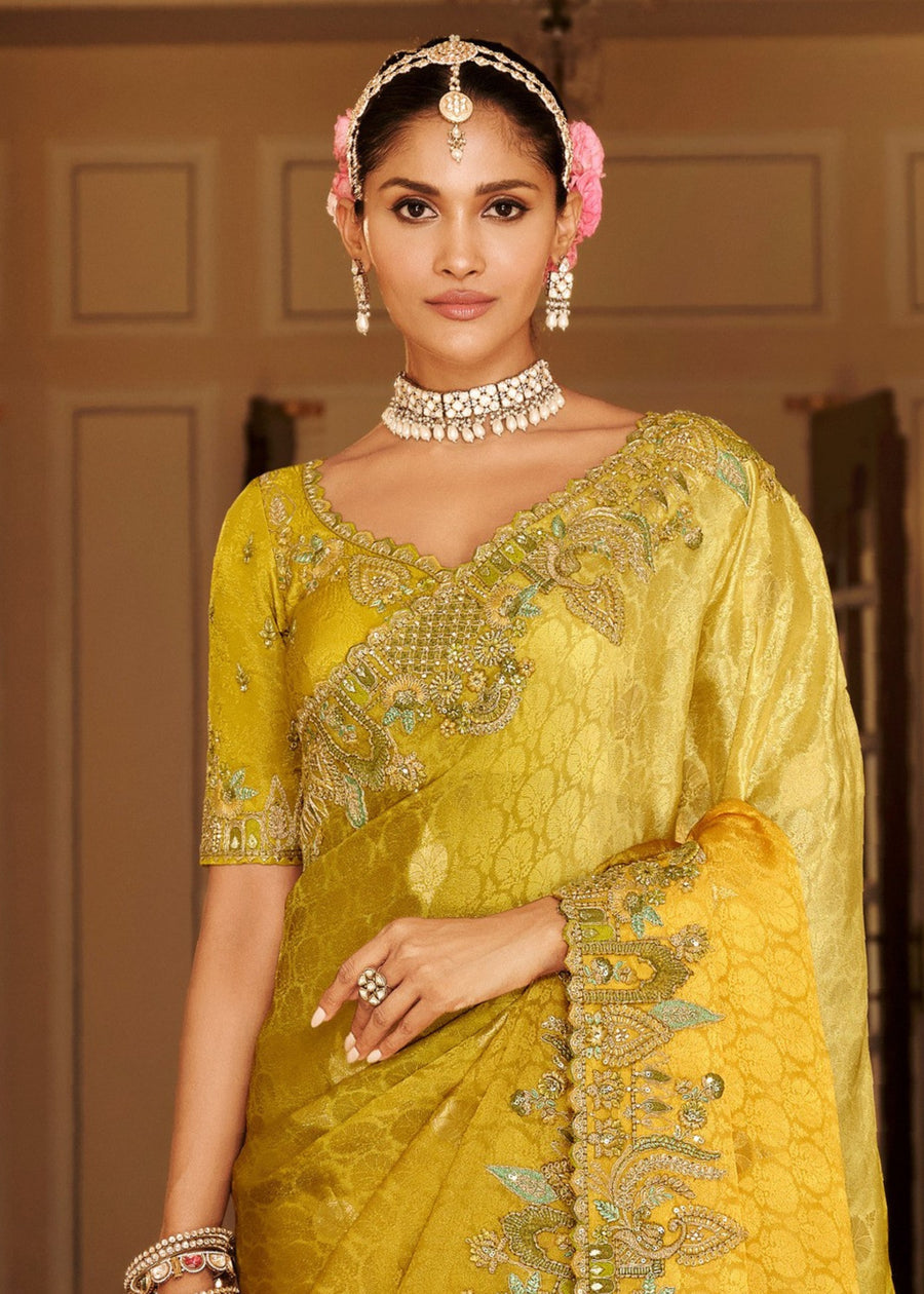 Haldi Yellow Soft Banarasi Silk Embroidered Saree