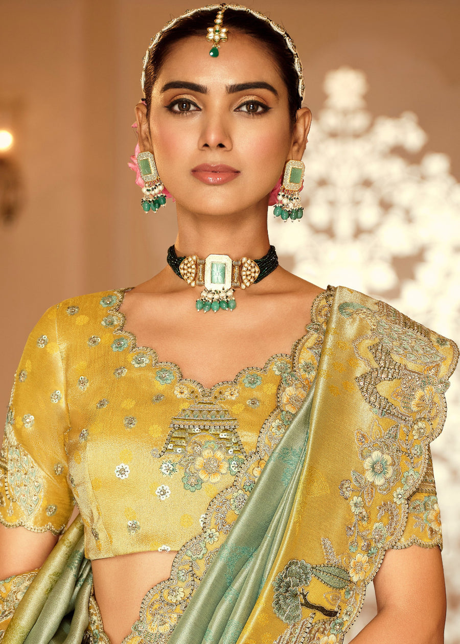 Ocean Blue & Yellow Ombre Soft Banarasi Silk Embroidered Saree