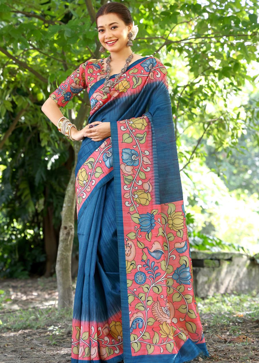 Royal Blue & Red Cotton Silk Kalamkari Saree