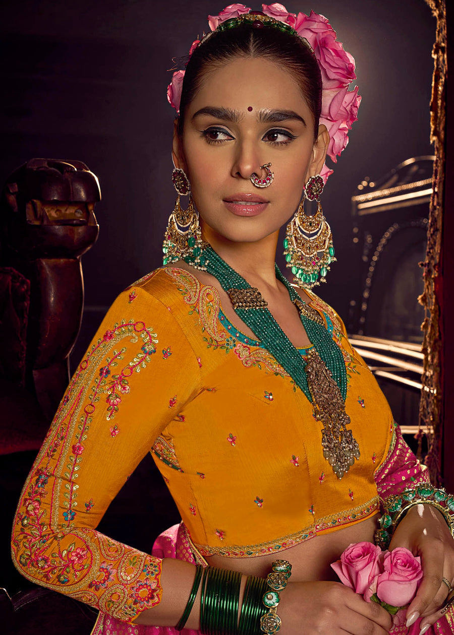 Banarasi Dola Silk Hot Pink Handloom Saree & Contrast Yellow Embroidered Blouse