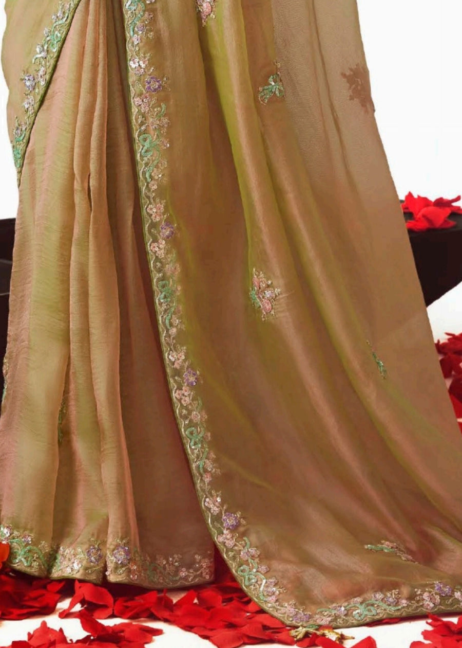 Golden Organza Tissue Silk Embroidered Saree with Contrast Green Blouse
