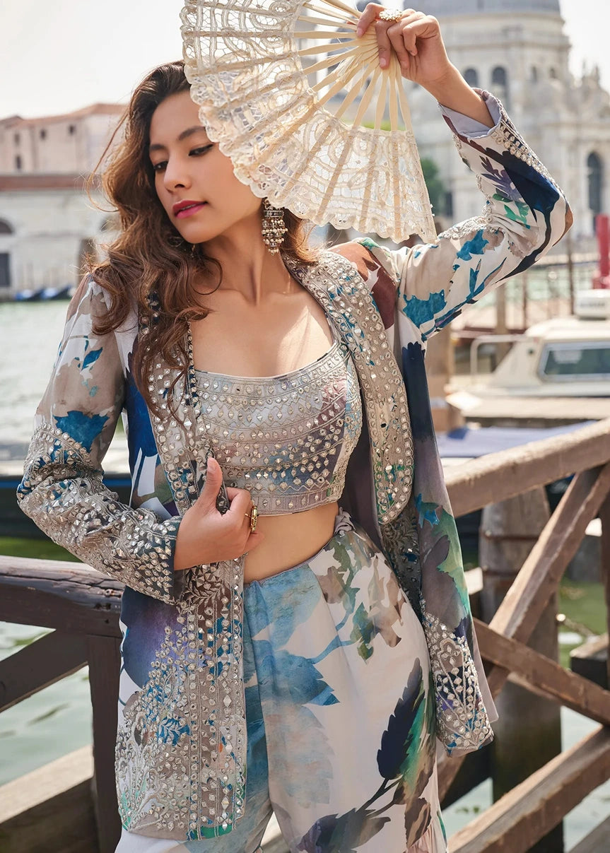 Blue & White Mirror Work Silk Jacket and Sharara Dress Set