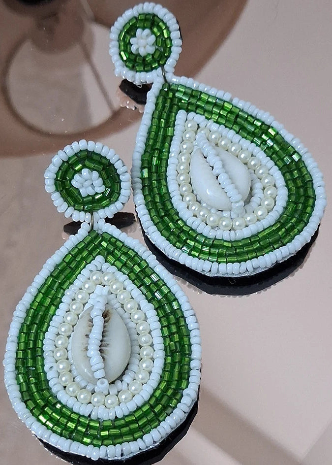 White & Green Handmade Shell Earrings With Beads and Pearls