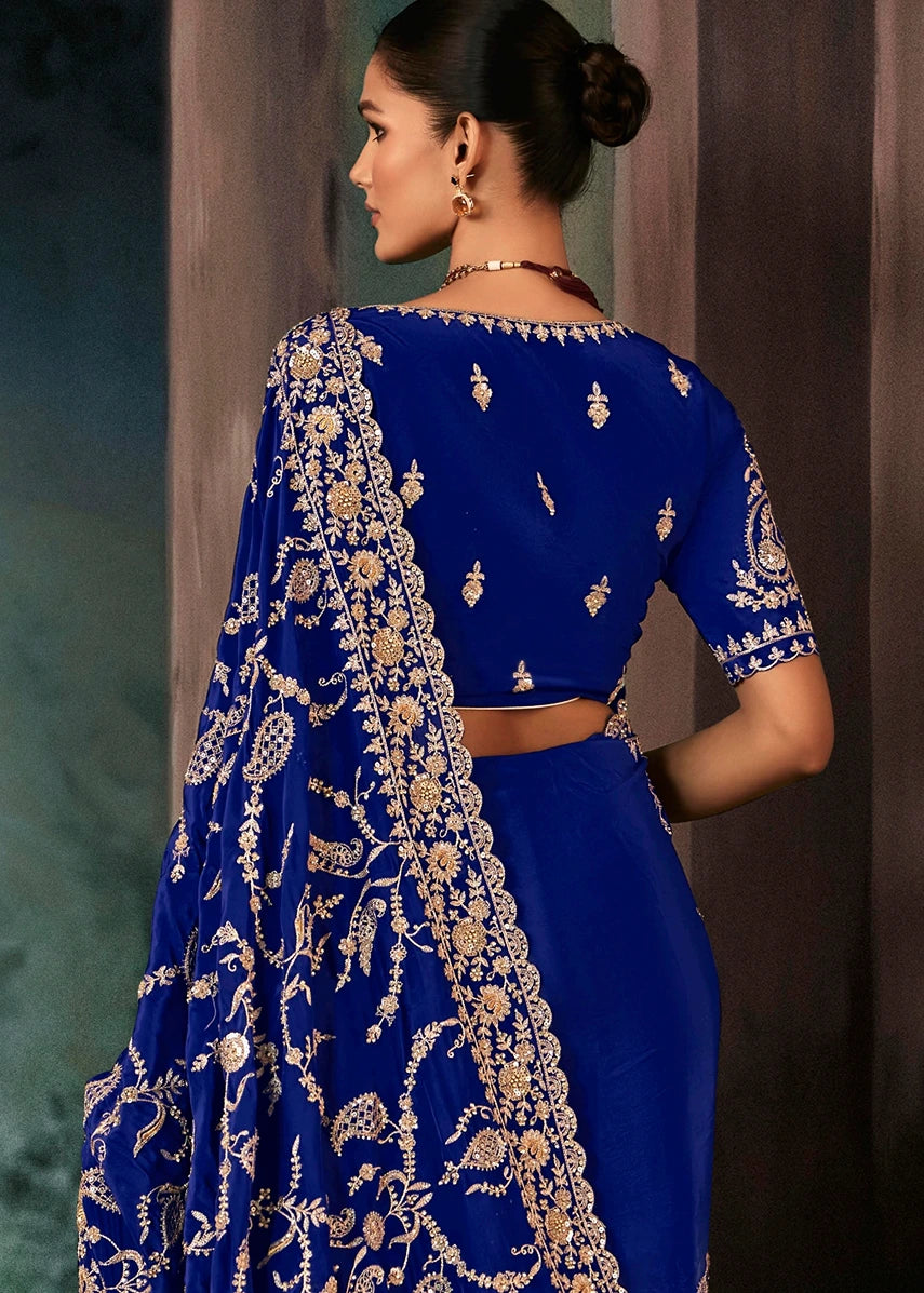 Royal Blue Crepe Silk Embroidered Bridal Saree