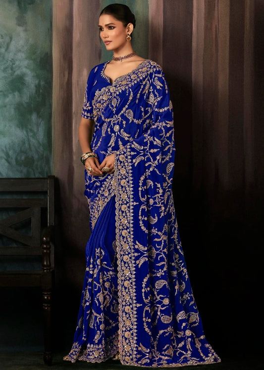 Royal Blue Crepe Silk Embroidered Bridal Saree