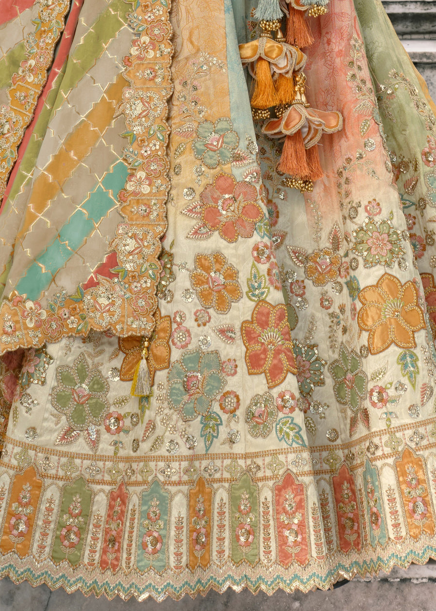 Cream Embroidered Silk Lehenga Choli & Multicolor Dupatta