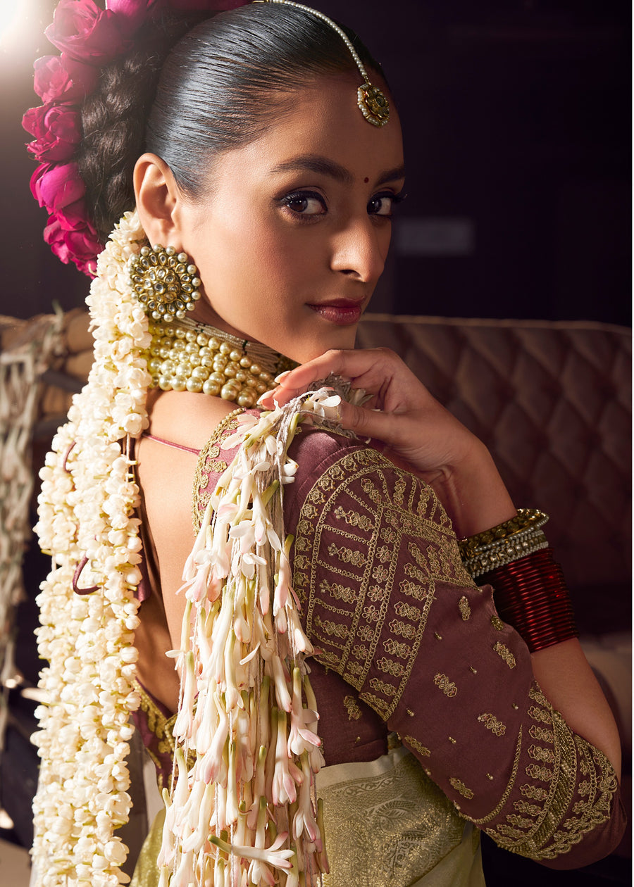 Banarasi Tissue Silk Pearl White Handloom Saree & Contrast Brown Embroidered Blouse