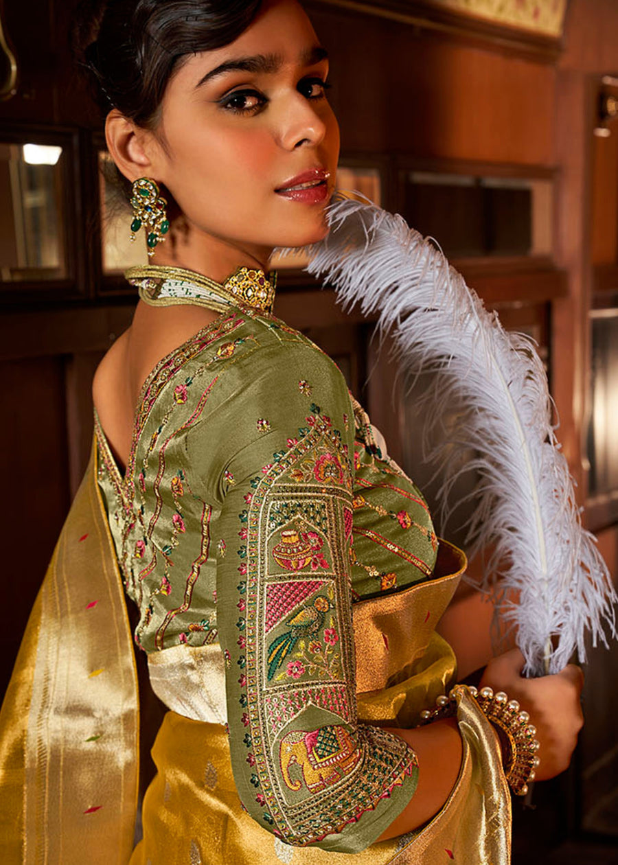 Paithani Tissue Silk Yellow Handloom Saree & Contrast Green Embroidered Blouse