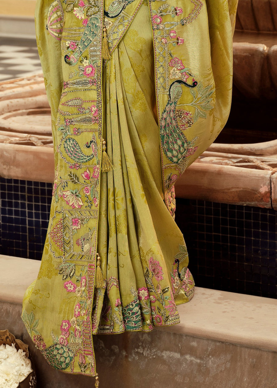 Lime Green Soft Banarasi Silk Embroidered Saree
