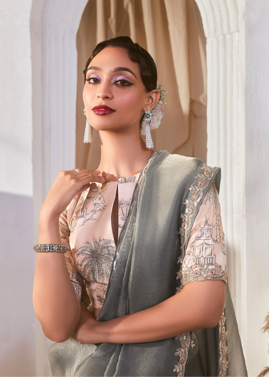 Grey Organza Tissue Silk Embroidered Saree & Pastel Peach Printed Blouse