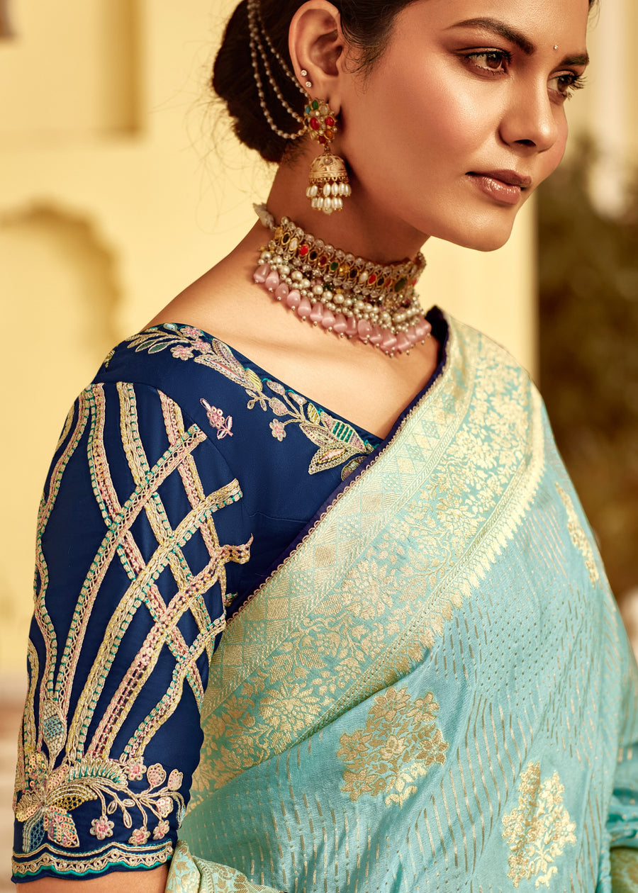 Dola Banarasi Silk Sky Blue Saree With Contrast Navy Embroidered Blouse