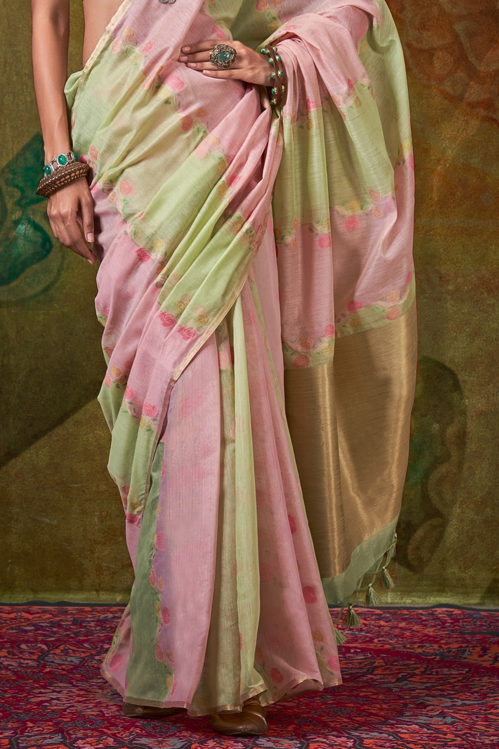 Pastel Pink and Green Handwoven Cotton Silk Saree