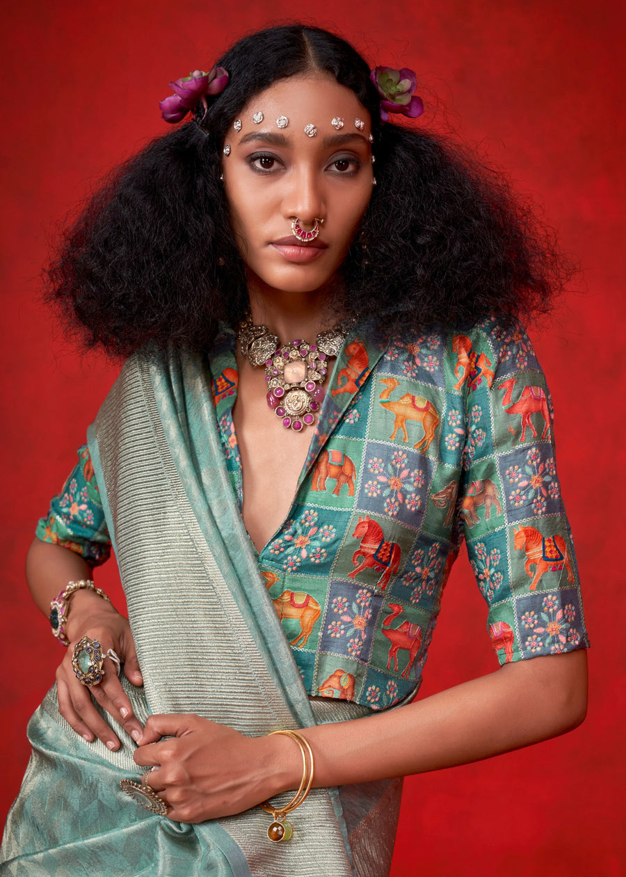 Ocean Green Banarasi Tissue Silk Handloom Saree