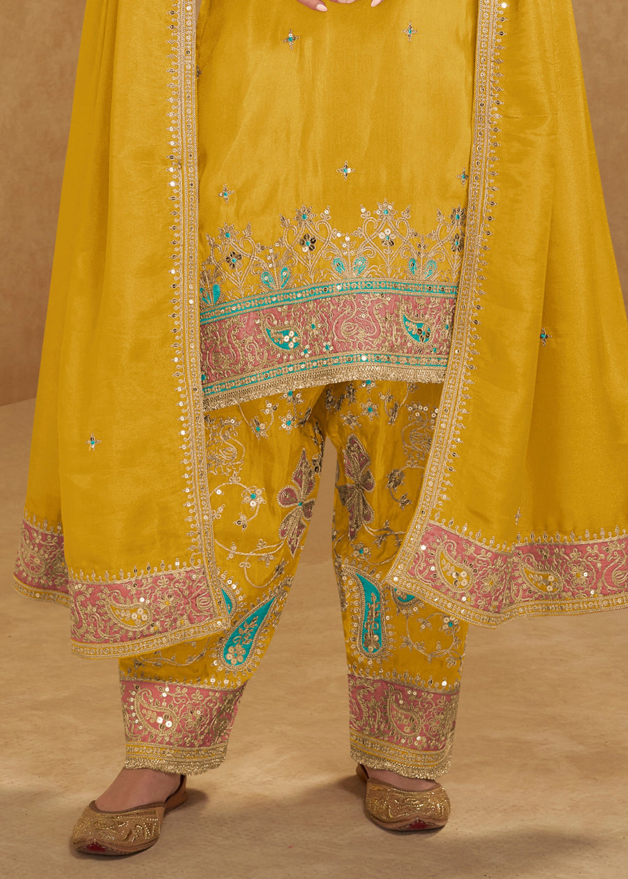 Yellow Simar Silk Narrow Pant Suit Set With Dupatta