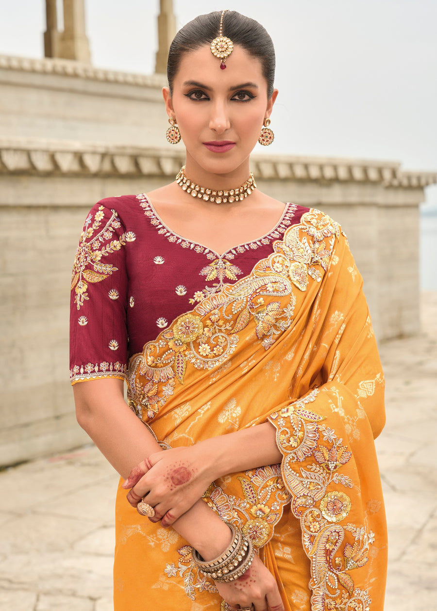 Banarasi Viscose Tissue Silk Turmeric Yellow Handloom Embroidered Saree With Cut Work Border