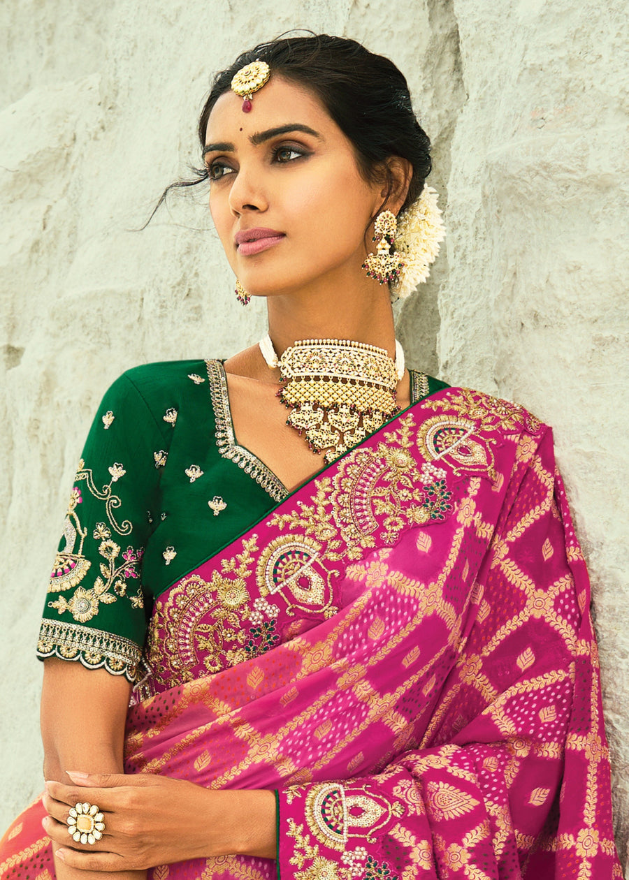Yellow Pink Multicolor Ombre Khaddi Georgette Embroidered Bandhani Saree
