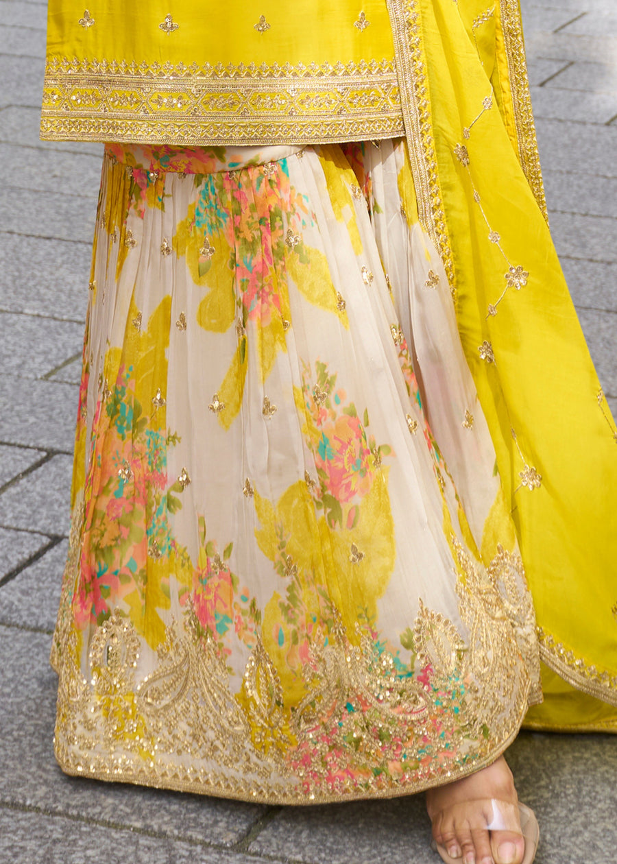 Bright Yellow Crepe Silk Sharara Suit With Dupatta