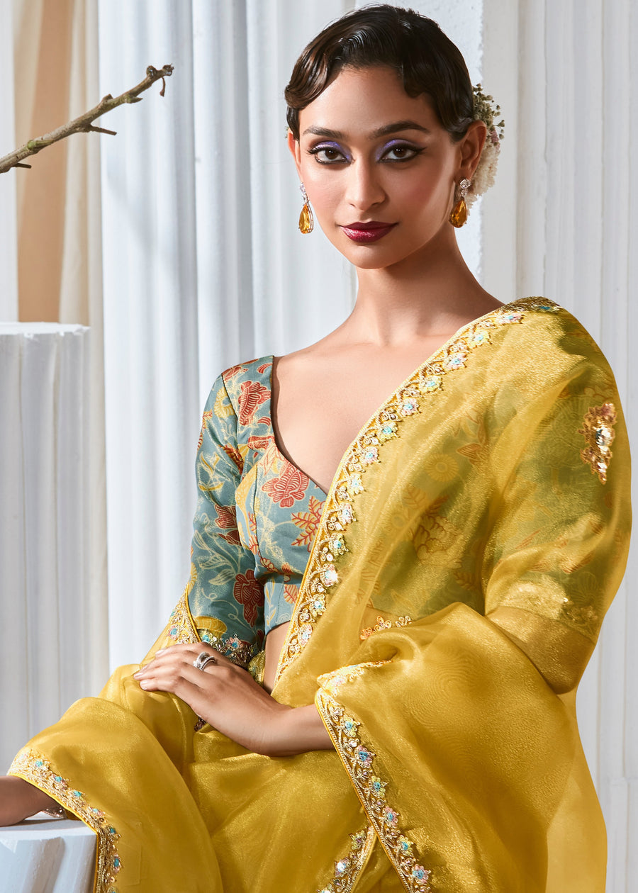 Yellow Organza Tissue Silk Embroidered Saree & Blue Printed Blouse