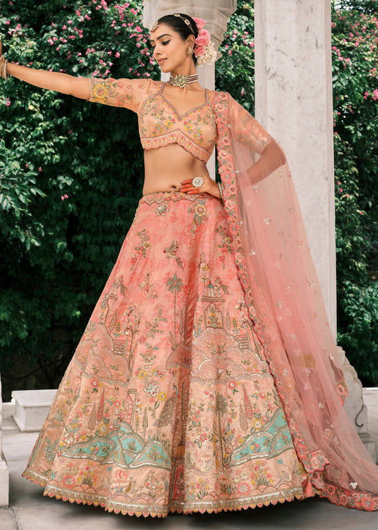 Peach Embroidered Silk Bridal Lehenga Choli