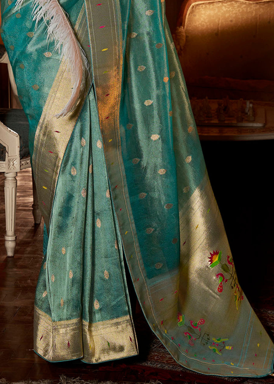 Paithani Tissue Silk Light Blue Handloom Saree & Contrast Lime Yellow Embroidered Blouse