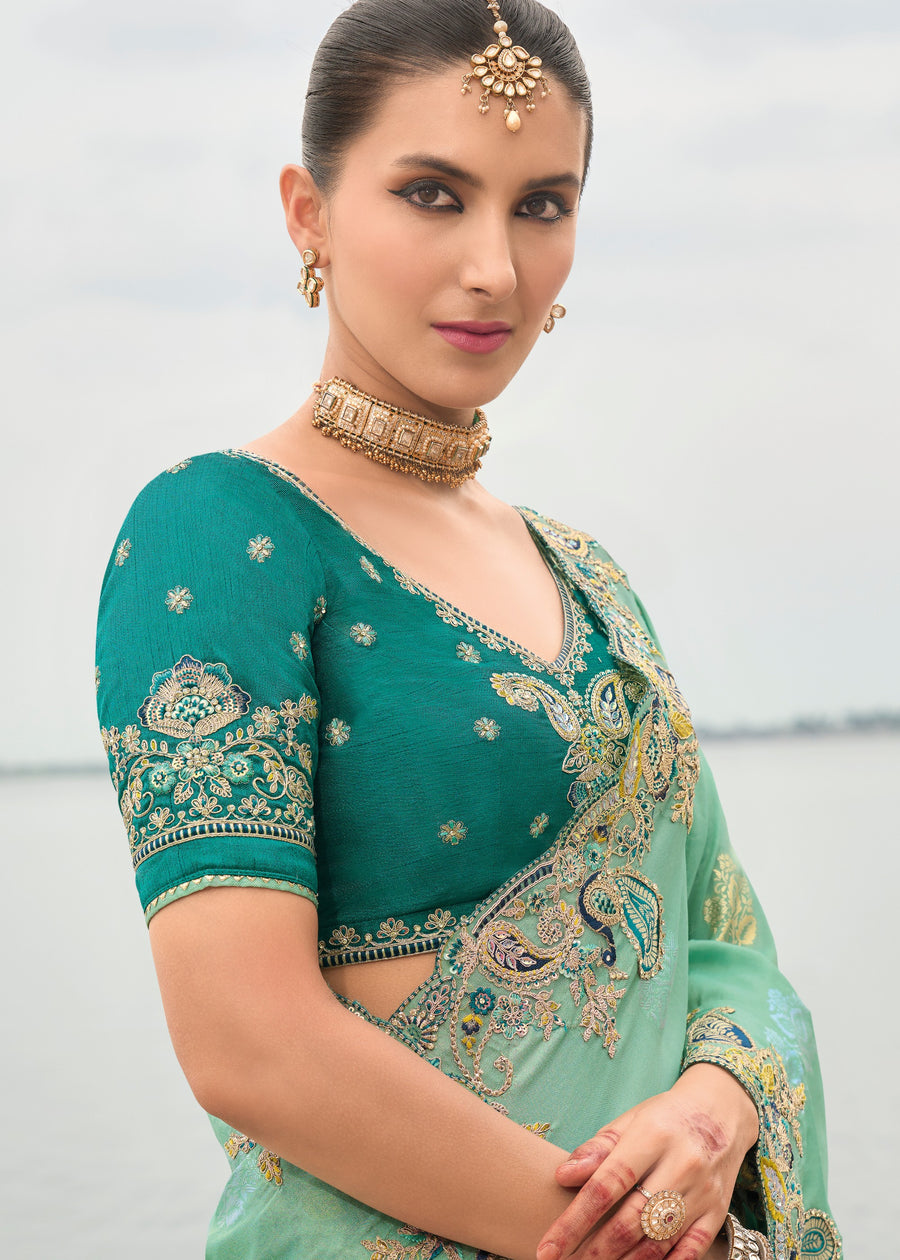 Banarasi Viscose Tissue Silk Mint Green Handloom Embroidered Saree With Cut Work Border