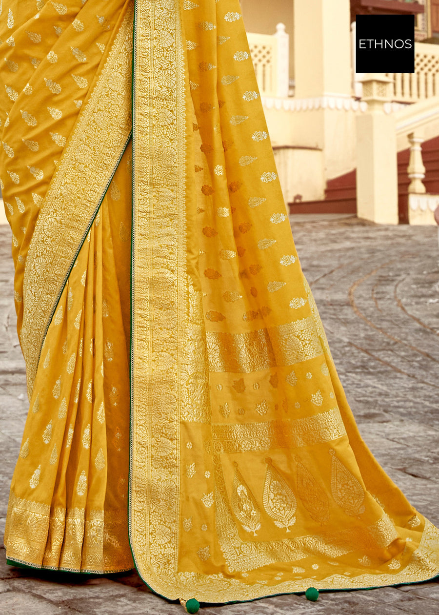 Dola Banarasi Silk Yellow Saree With Contrast Green Embroidered Blouse
