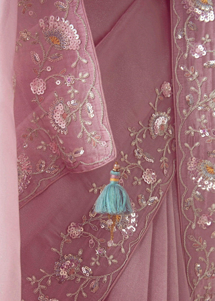 Pastel Pink Organza Tissue Silk Embroidered Saree with Aqua Blue Blouse