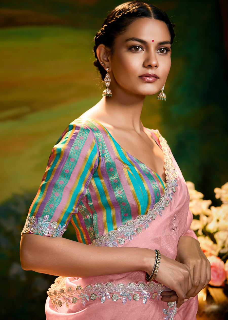 Satin Tissue Pink Embroidered Saree & Multicolor Banarasi Blouse