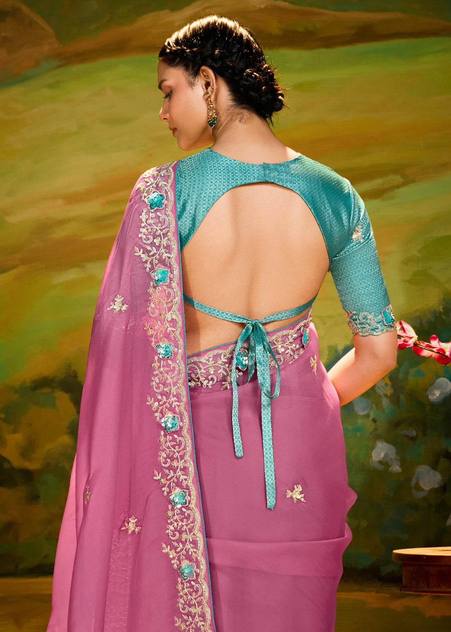 Satin Tissue Pink Embroidered Saree & Aqua Blue Banarasi Blouse