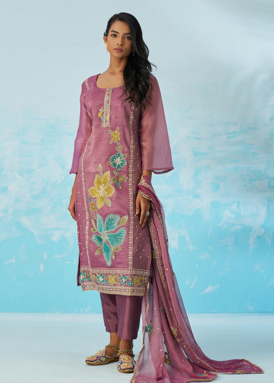 Mauve Purple Crushed Tissue Silk Ethnic Pant Style Suit With Dupatta