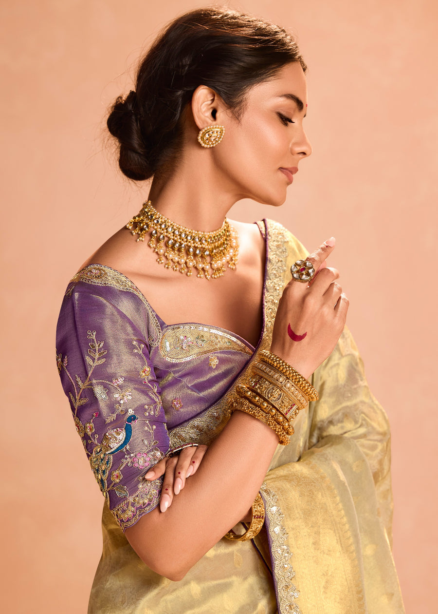 Cream Golden Tissue Silk Embroidered Mint Green Handloom Saree & Contrast Purple Blouse