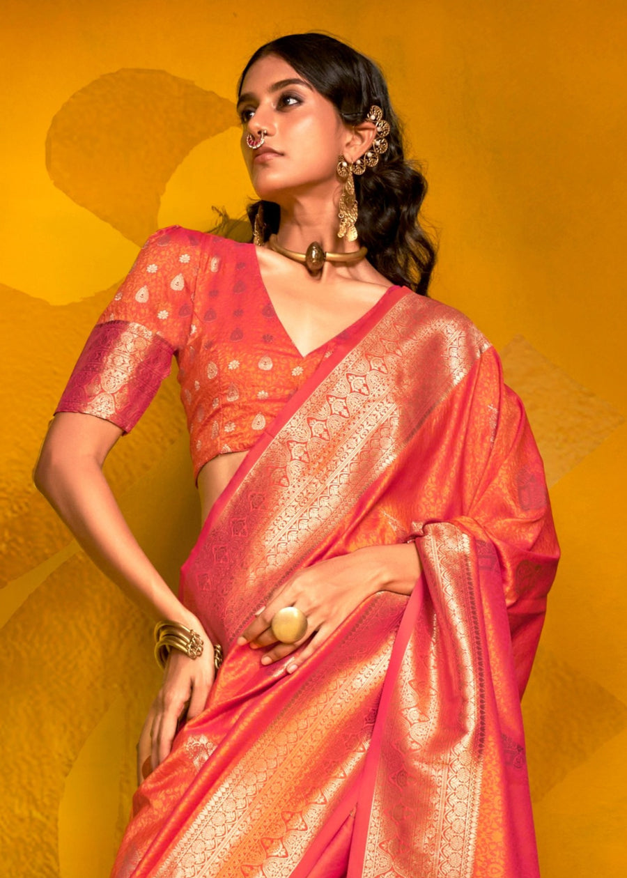 Orange Banarasi Silk Handloom Weaving Zari Saree
