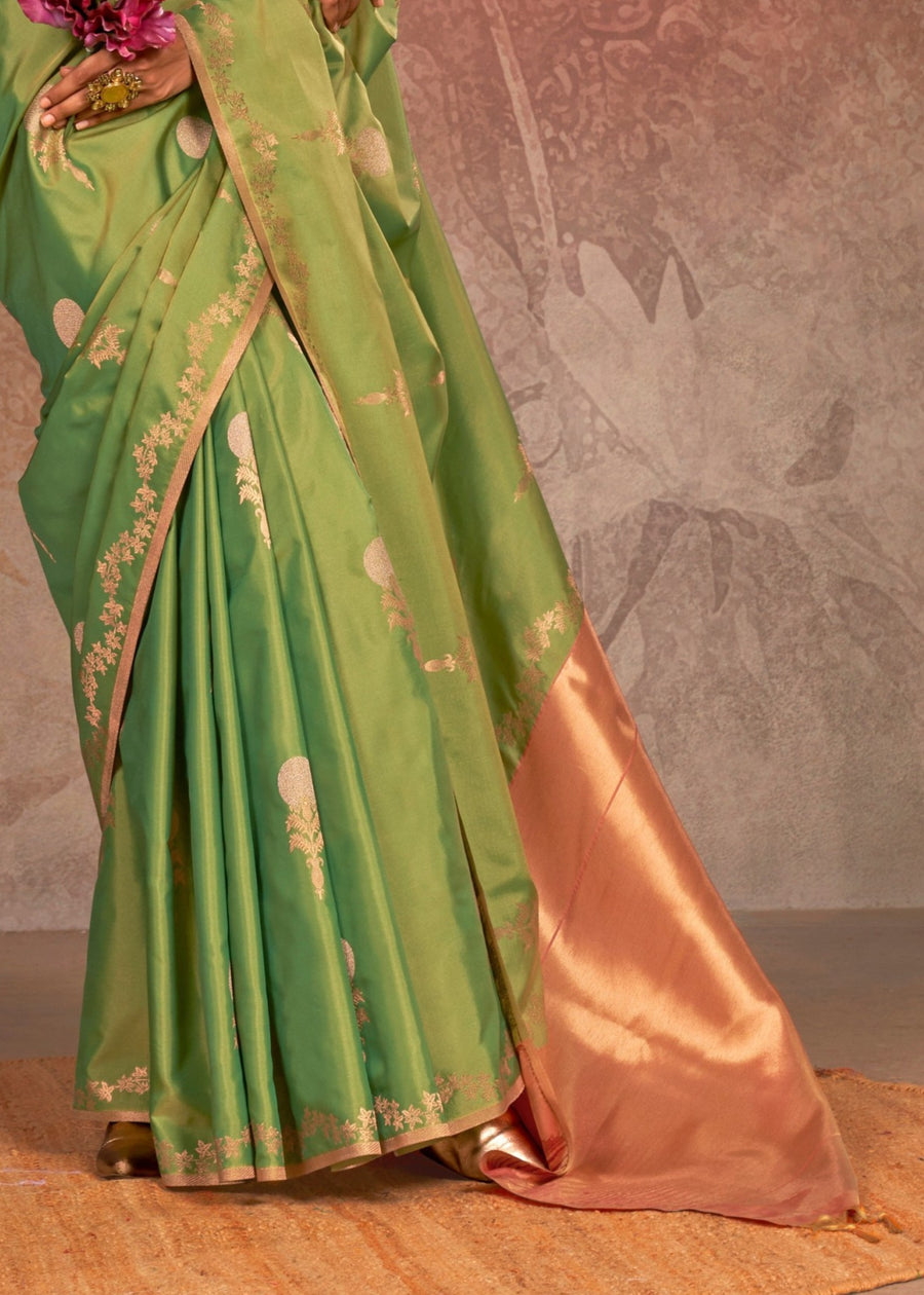 Soft Handloom Banarasi Silk Lawn Green Saree With Contrast Orange Blouse
