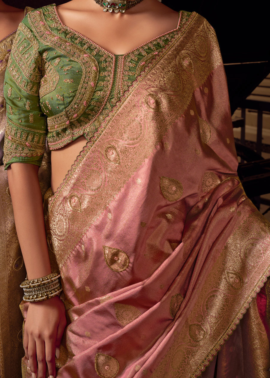 Banarasi Tissue Silk Pastel Pink Handloom Saree & Contrast Green Embroidered Blouse